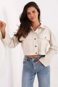 veste jean courte femme shacket cropped beige ivoire toile légère coton lin effet boxy col chemise boutonnage central boutons contrastants