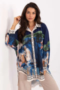 chemise tunique femme manches longues oversize coupe boyfriend imprimé pictural bleu marine vert pêche beige tissu fluide satiné viscose polyester