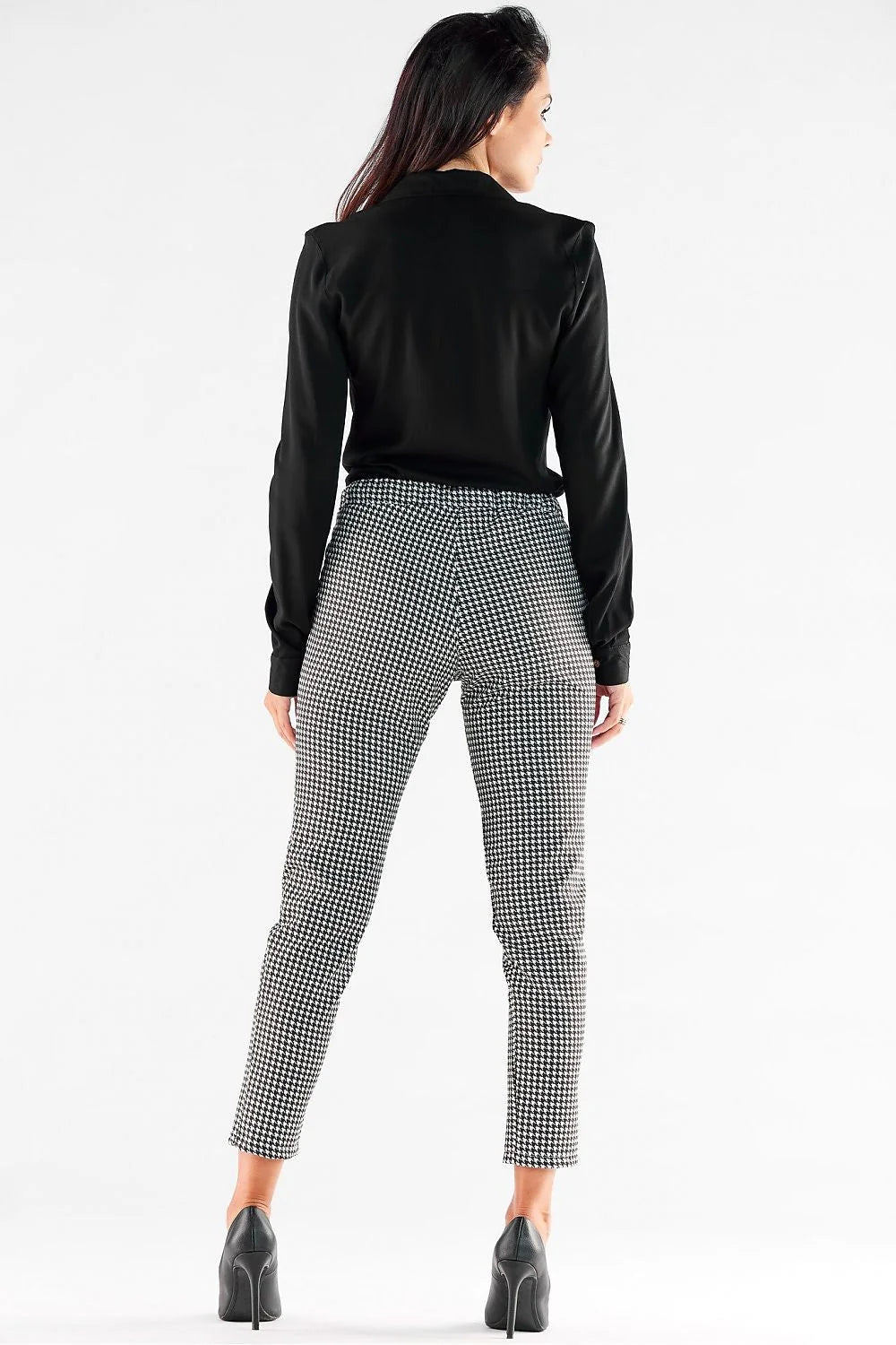 pantalon femme awama pieddepoule bicolore cigarette ajustee cheville mihaute taille elastique cordon poches laterales tissu souple polyester viscose confortable