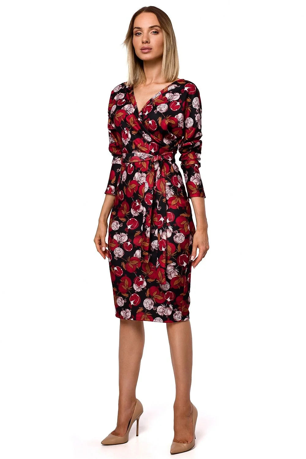 Robe élégante en tricot stretch bleu motifs géométriques chic croisée ceinturée pour femmes modernes