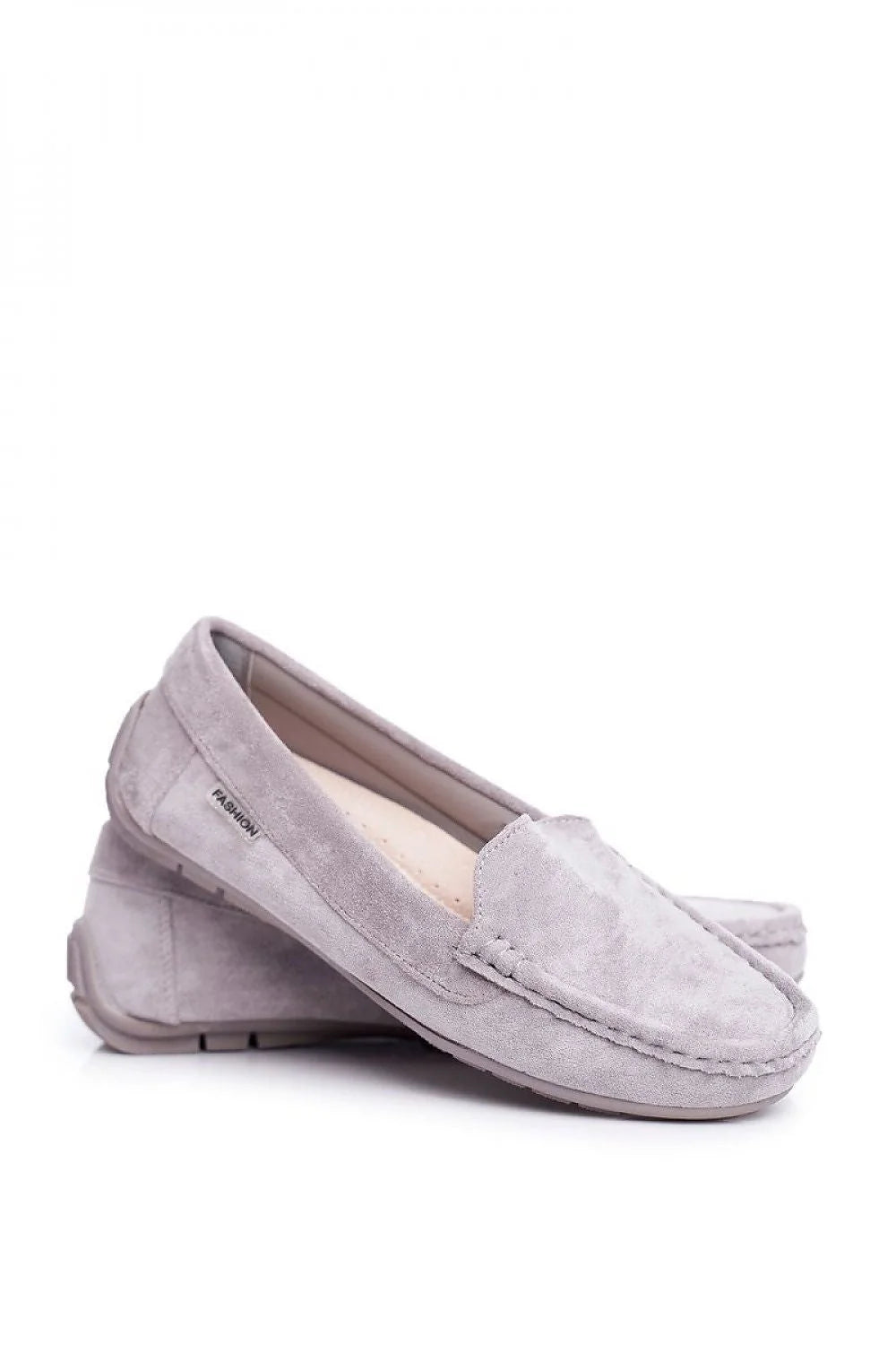 mocassins femme daim bleu gris veloutés élégants intemporels confortables slipon bout arrondi surpiqûres semelle caoutchouc bijoux cheville dorés