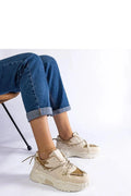 baskets chunky femme beige doré simili cuir pailleté semelle épaisse crantée antidérapante col rembourré lacets tressés streetwear tendance confortable durable