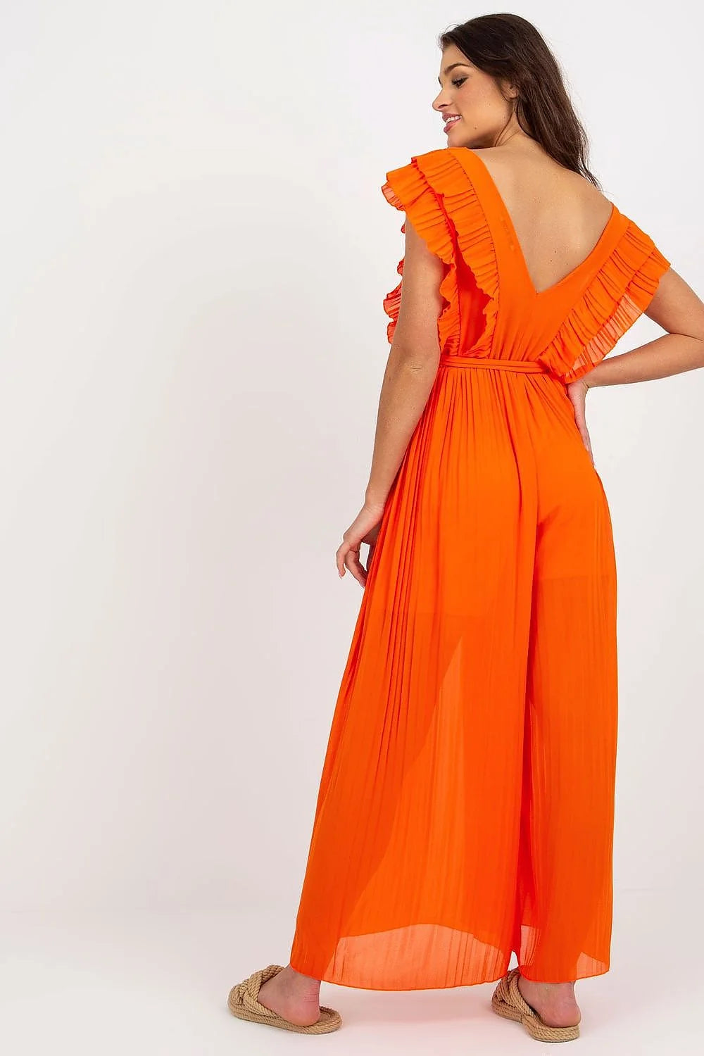 Combinaison Och Bella élégante sans manches volants épaules noire décolleté V ceinture ajustable femme polyester viscose