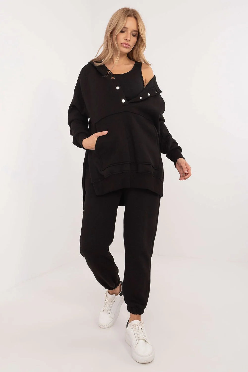 Ensemble de vêtements pour femmes sweat à capuche et pantalon de jogging streetwear athleisure coton mélangé noir ample confortable occasion décontractée