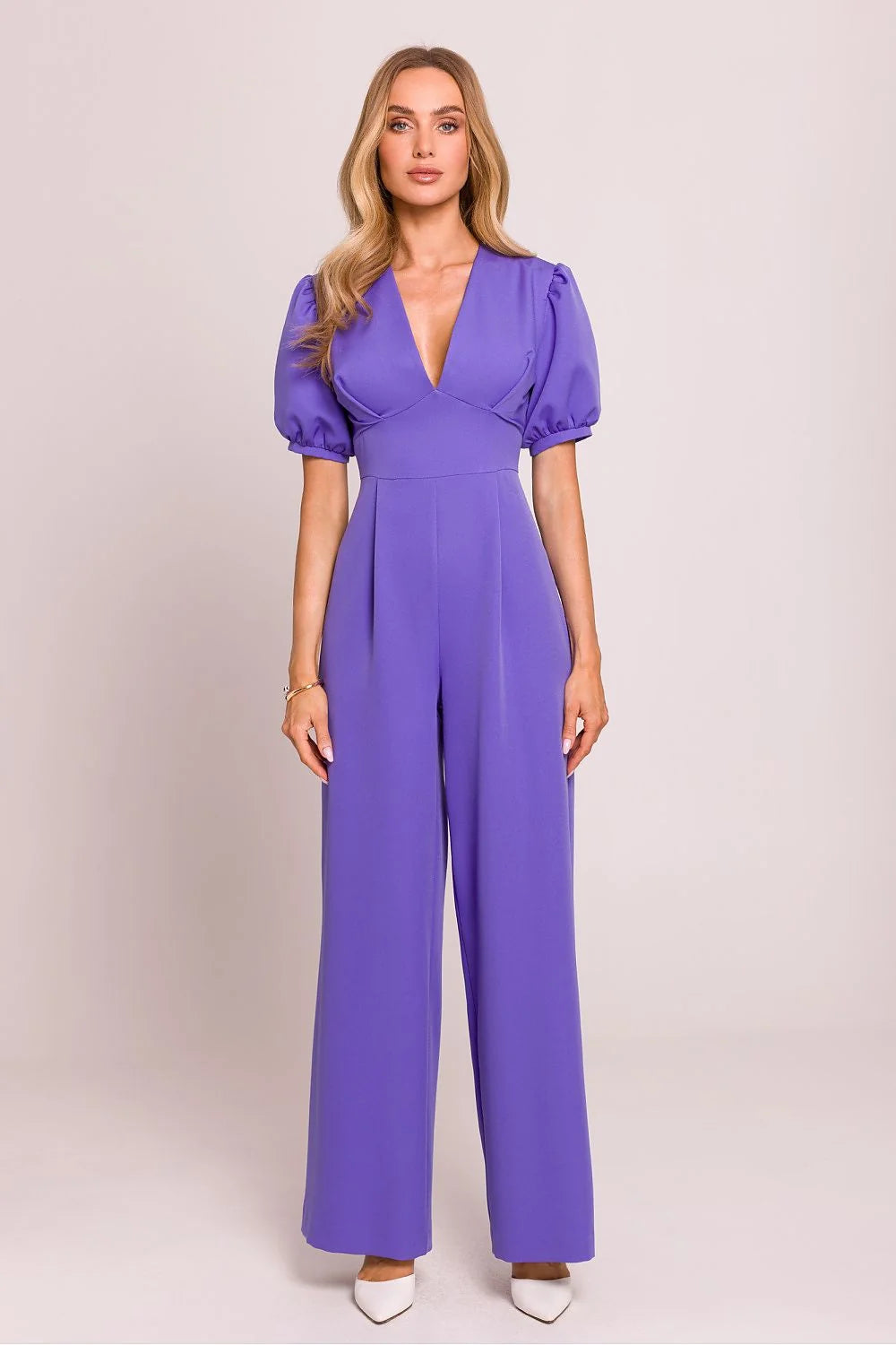 Combinaison Moe élégante pour femmes couleur violette profonde coupe ample décolleté en V manches bouffantes polyester
