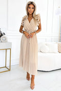 Robe de cocktail élégante longueur midi encolure V plissée ceinture assortie mousseline de soie beige femmes
