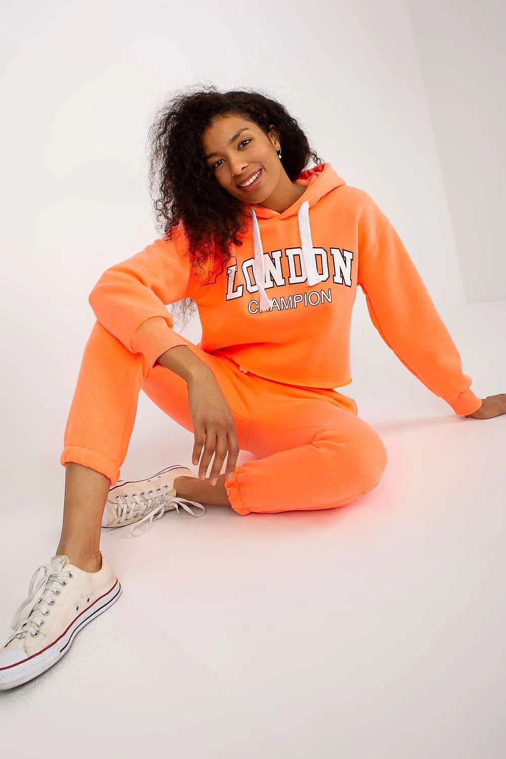 Ensemble de survêtement décontracté pour femmes sweat à capuche pantalon jogging London Champion couleur orange vif coton mélange ajustable