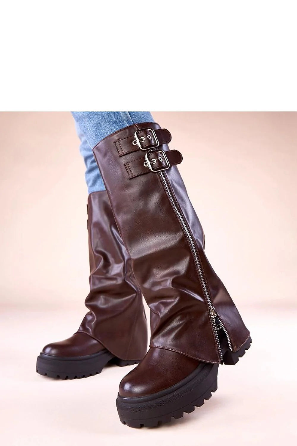 bottes plateforme chocolat Ridica cuir synthétique mi mollet revers boucles argentées biker urbain semelle crantée plate 5cm confortable durable chaude