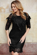 robe soirée élégante mini dentelle noire ajustée femme sophistiquée glamour doublure opaque manches troisquarts volants festonnés motif floral