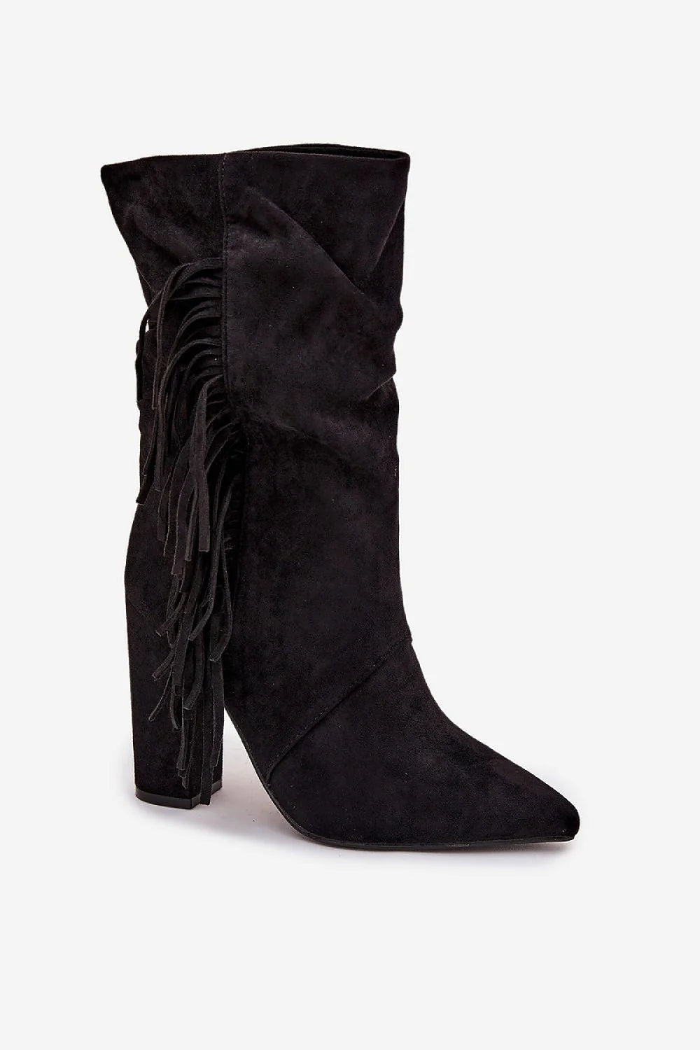 bottes femme suédine écologique noire mi mollet talon pilier bout pointu tige froncée franges latérales enfilable doublure fourrure