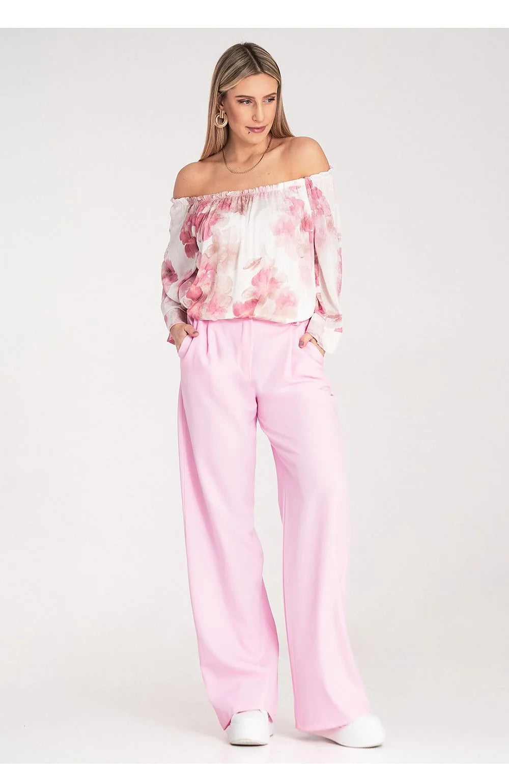pantalon femme Figl élégant confortable taille haute coupe droite ample élastique arrière poches latérales polyester élasthanne rose pastel