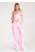 pantalon femme Figl élégant confortable taille haute coupe droite ample élastique arrière poches latérales polyester élasthanne rose pastel