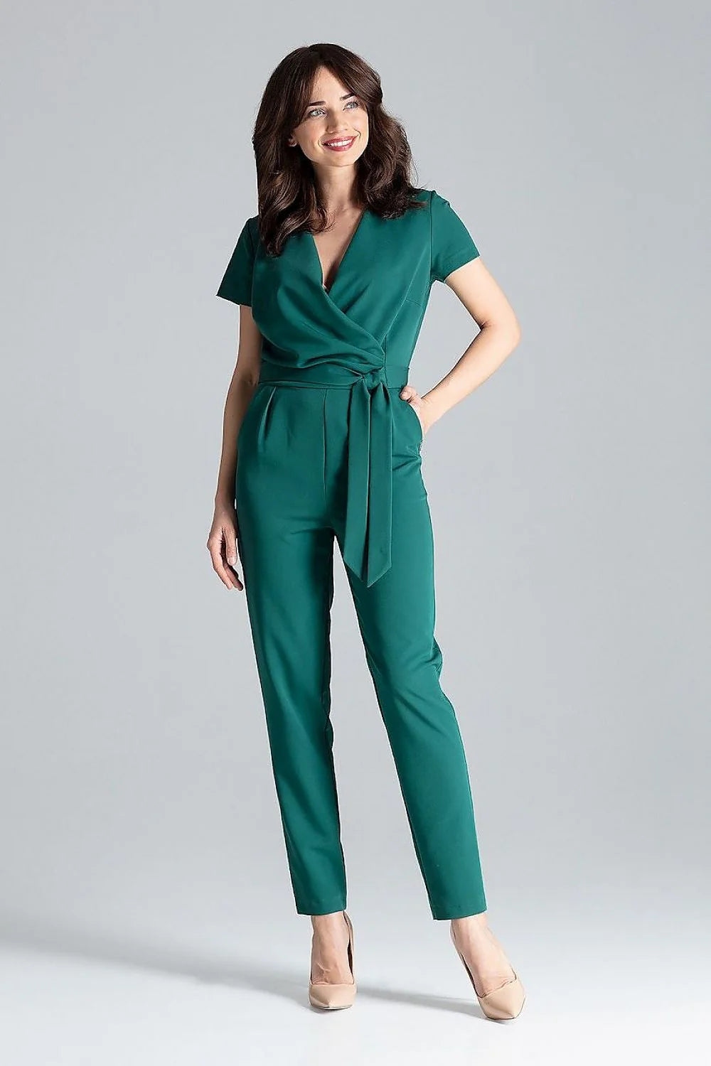 Combinaison Lenitif élégante pour femme design moderne cache-cœur manches courtes ceinture intégrée vert profond polyester viscose taille ajustable