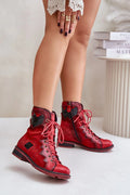 Bottes pour femmes en cuir naturel style punk-rock talon plat fermeture éclair rouge vif