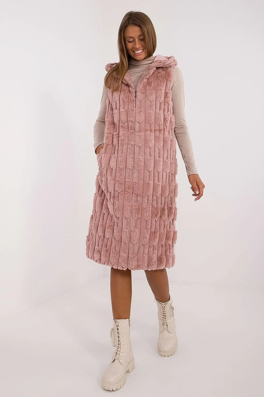 Gilet pour femme en fausse fourrure rose pâle longue sans manches col capuche style élégant occasion formelle hiver mi-saison