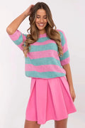 chandail femme rayures horizontales rose turquoise manches troisquarts col rond coupe ample oversize maille duveteuse bordcotes moelleuse printemps casual élégant