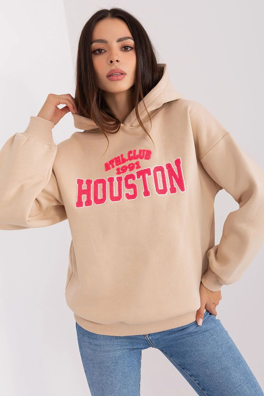 Sweatshirt à capuche pour femme style sportif casual coton-polyester beige broderie rose HOUSTON ATHL.CLUB 1991 manches longues coupe ample