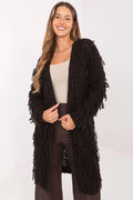 cardigan long femme grosse maille noir gilet ouvert oversize manches longues coupe droite bouclée franges décoratives shaggy bohème cosy genou