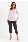 Pyjama pour femme élégant en V-shirt manches 3/4 dentelle pantalon capri pois noir blanc doux