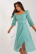 Robe de jour Lakerta été mi-longue manches mi-longues broderies feuilles coton aéré turquoise pastel