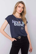 T-shirt Stitch&Soul pour femme, design moderne 'love is blind', couleur bleu marine, coton 50% modal 50%, coupe droite, manches courtes, encolure ronde, style décontracté, idéal pour quotidien et occasions spéciales