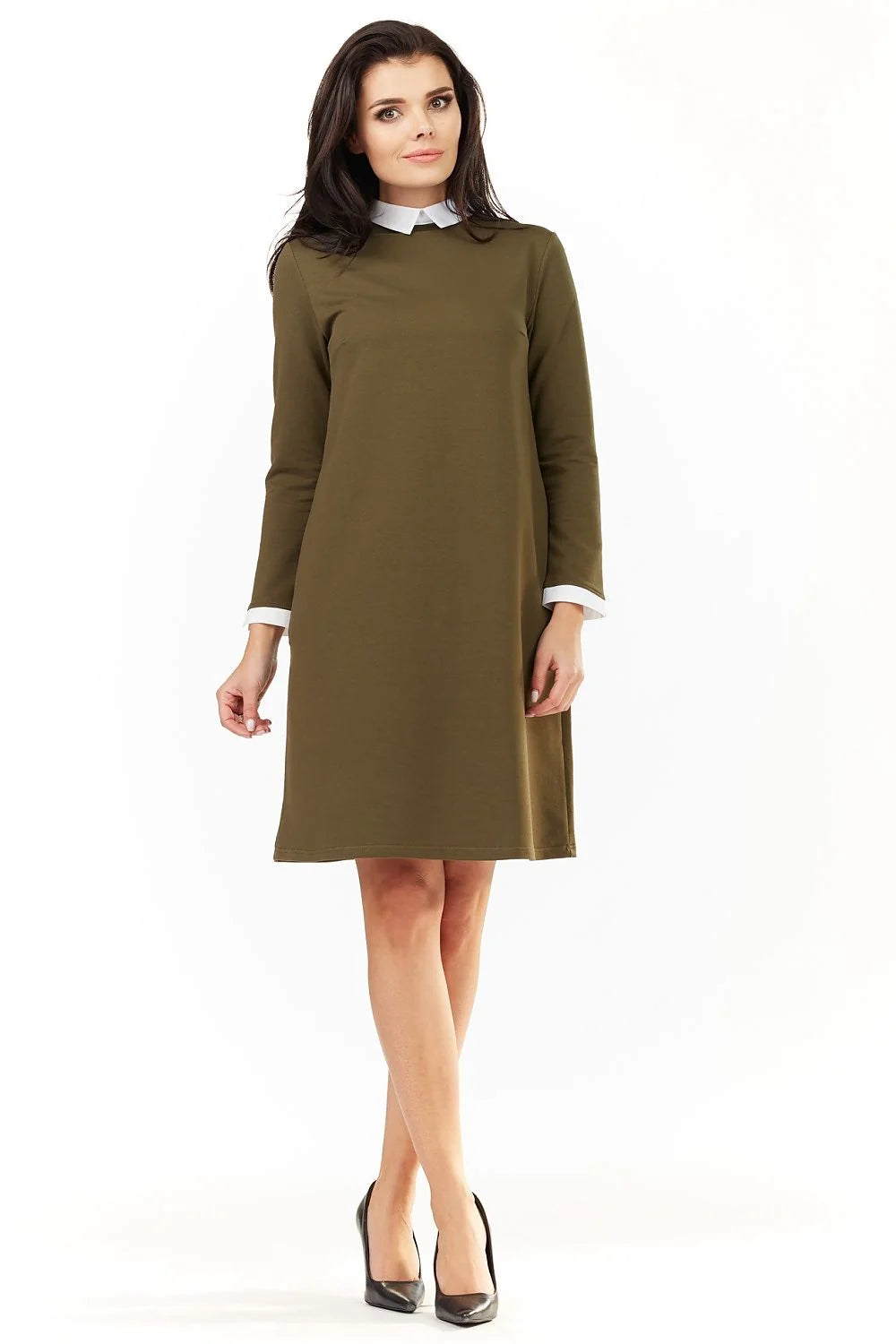 Robe de jour awama simple élégante vert olive manches longues col contrastant fermeture éclair dissimulée coton polyester femme