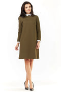 Robe de jour awama simple élégante vert olive manches longues col contrastant fermeture éclair dissimulée coton polyester femme