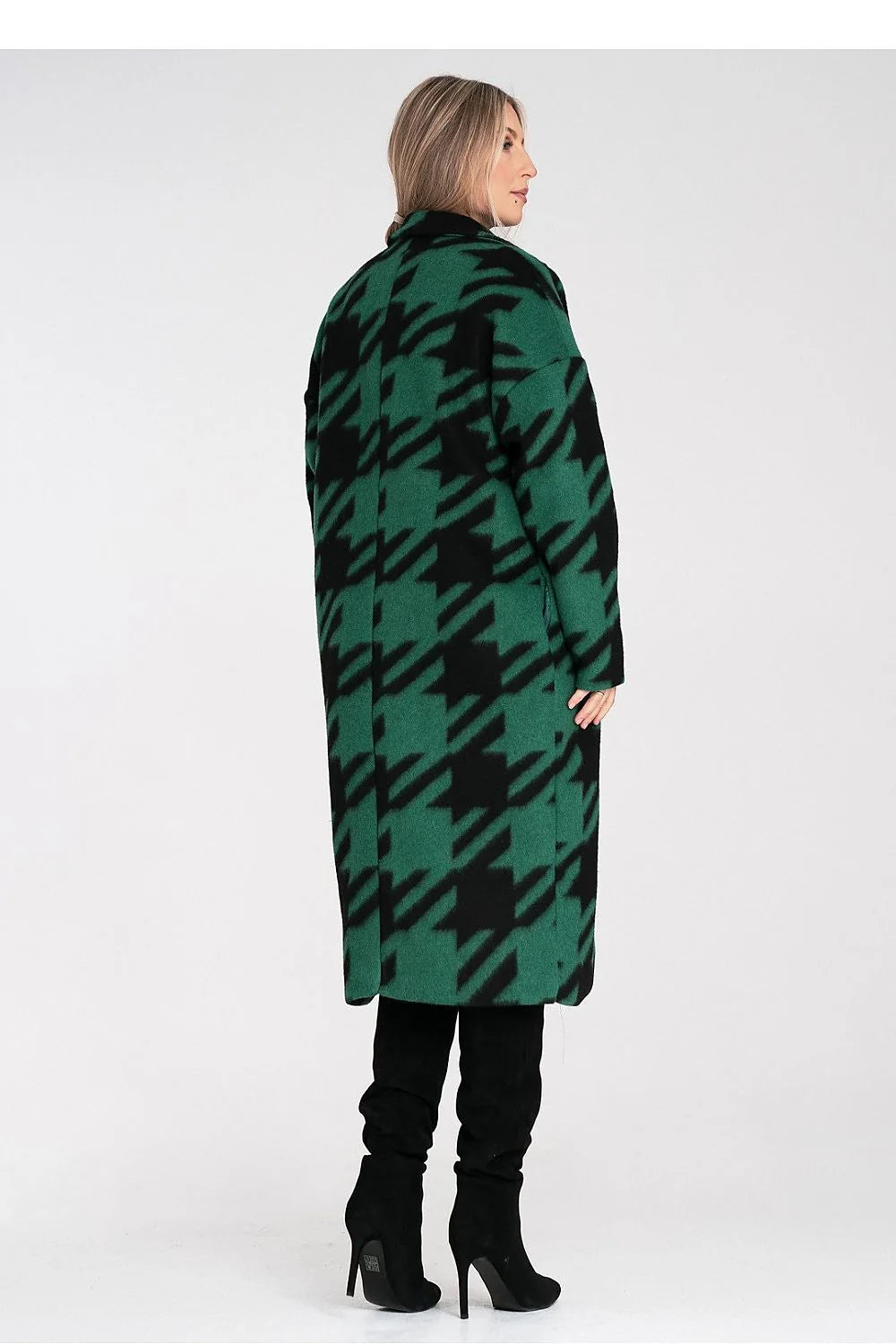 manteau long femme oversize pieddepoule vert noir tissu épais laineux col tailleur large manches longues coupe droite ample chaud hiver