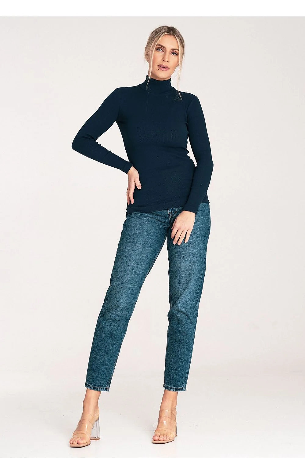 Pull à col montant pour femmes en coton élasthanne silhouette ajustée manches longues texture côtelée noir bleu marine