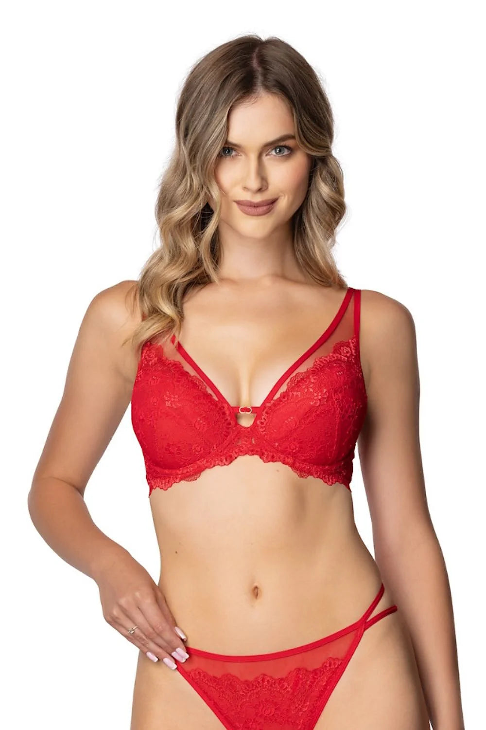 soutien gorge pushup rouge dentelle florale tulle transparent bonnet emboitant coque fine armatures maintien structuré décolleté V string échancré sexy