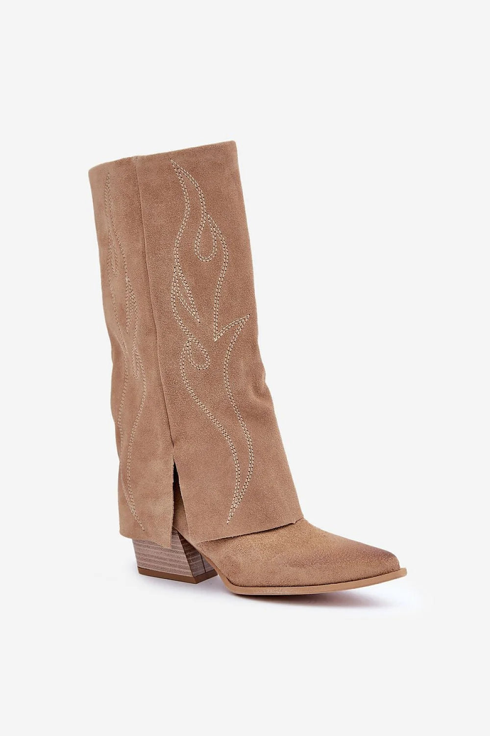 Bottes femelles cuir suédé beige sable hauteur genoux fermeture éclair talons carrés mode élégante