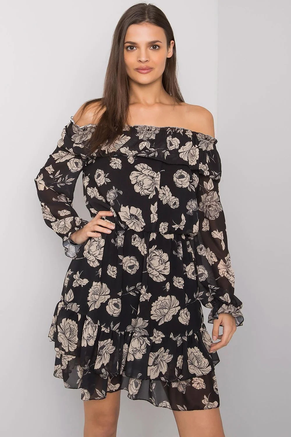 Robe de jour Italy Moda style espagnol décolleté Bardot manches longues élasthanne polyester viscose taille universelle 85 cm 92 cm