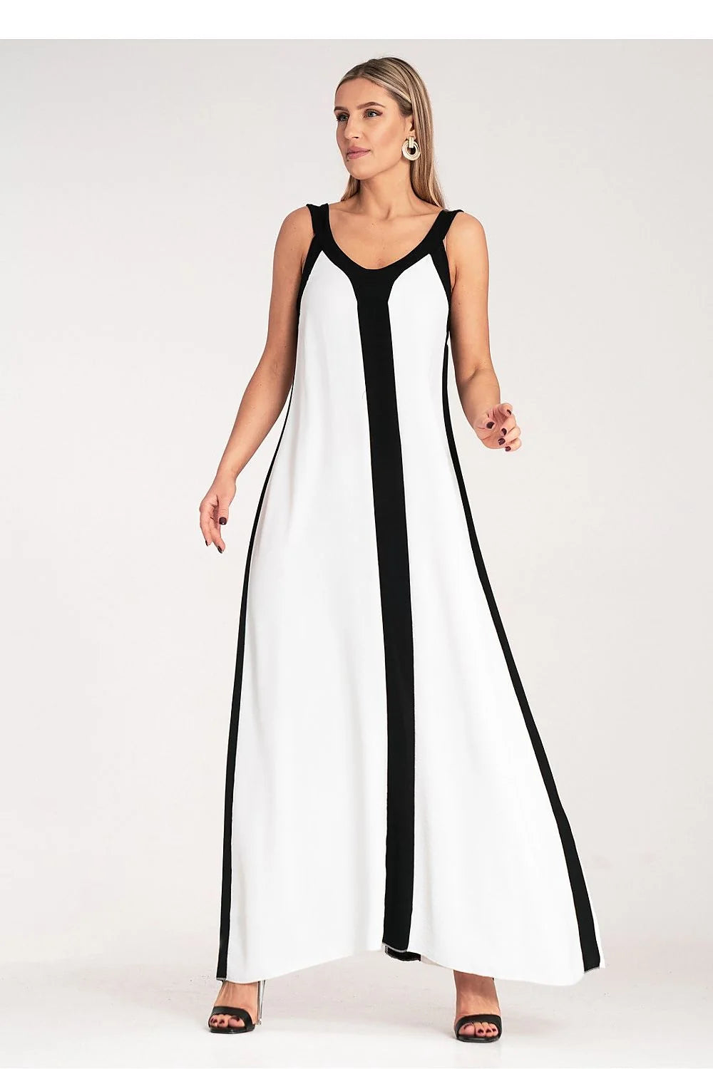 Robe de jour Figl longue épurée bandes contrastantes noires blanches décolleté en U bretelles larges polyester élasthanne