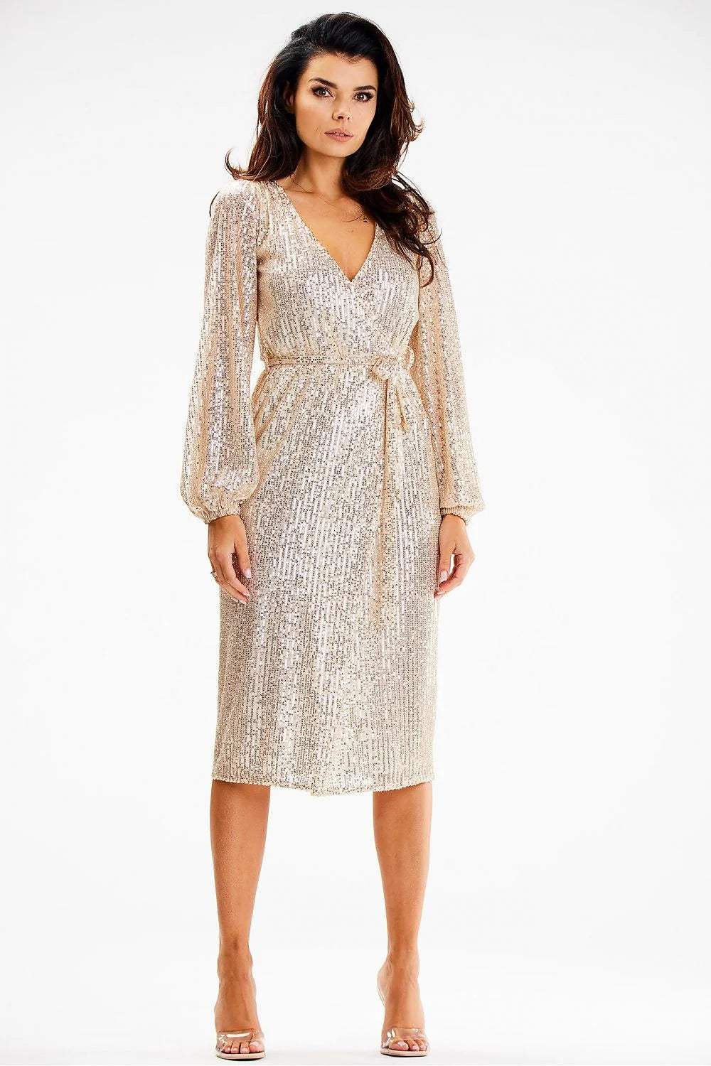 robe soirée longue midi pailletée sequins dorée scintillante manches bouffantes polyester élasthanne ceinture fine ajustable cintrée glamour festive mariage gala