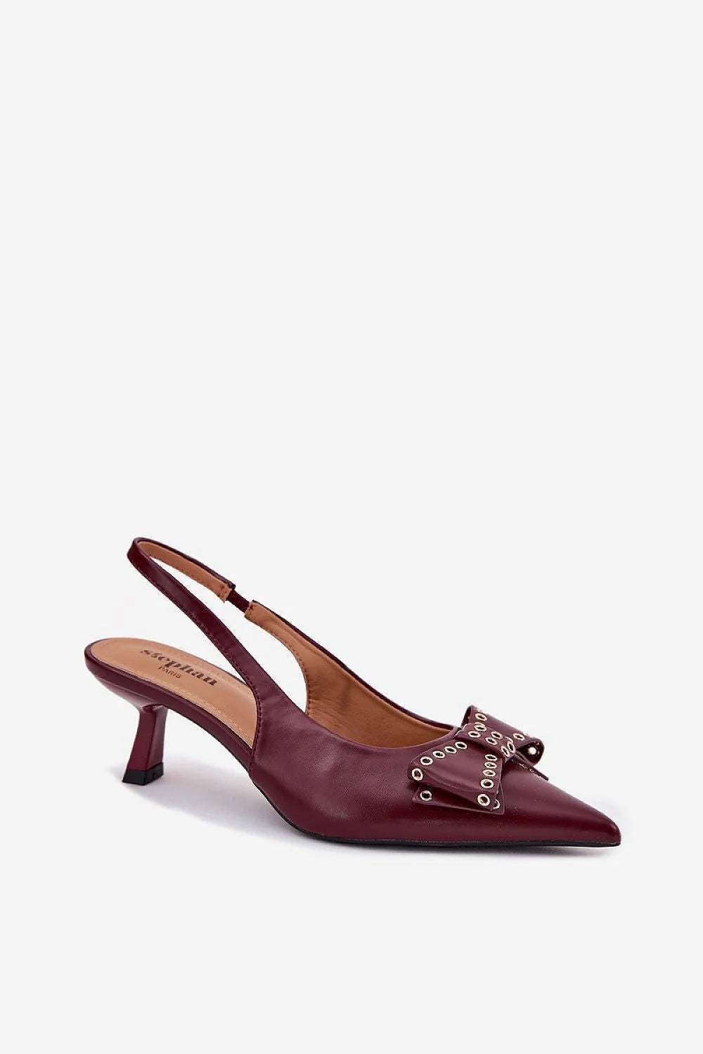 Escarpins à talons stiletto en simili cuir bordeaux, nœud doré, slingback, occasion spéciale, femmes élégance, confort, soirée, cérémonie, mode