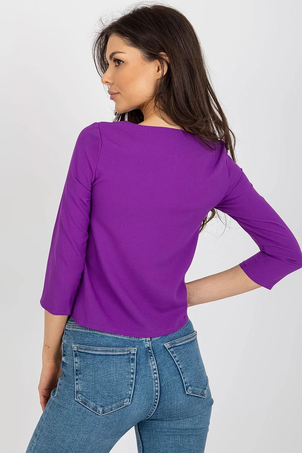 Chemisier féminin mode Lakerta manches 3/4 dentelle floral violet coton élasthanne polyester ajusté élégant moderne femme vêtement occasion