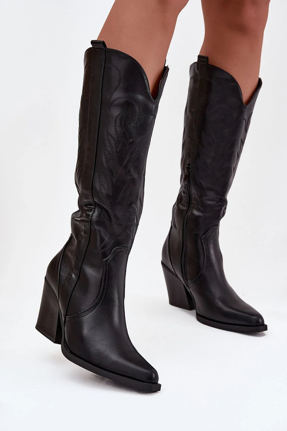 bottes cowgirl femme ecocuir noir lisse western hautes tige 37cm talon colonne 8cm bout pointu broderie tonale doublée chaleur confort