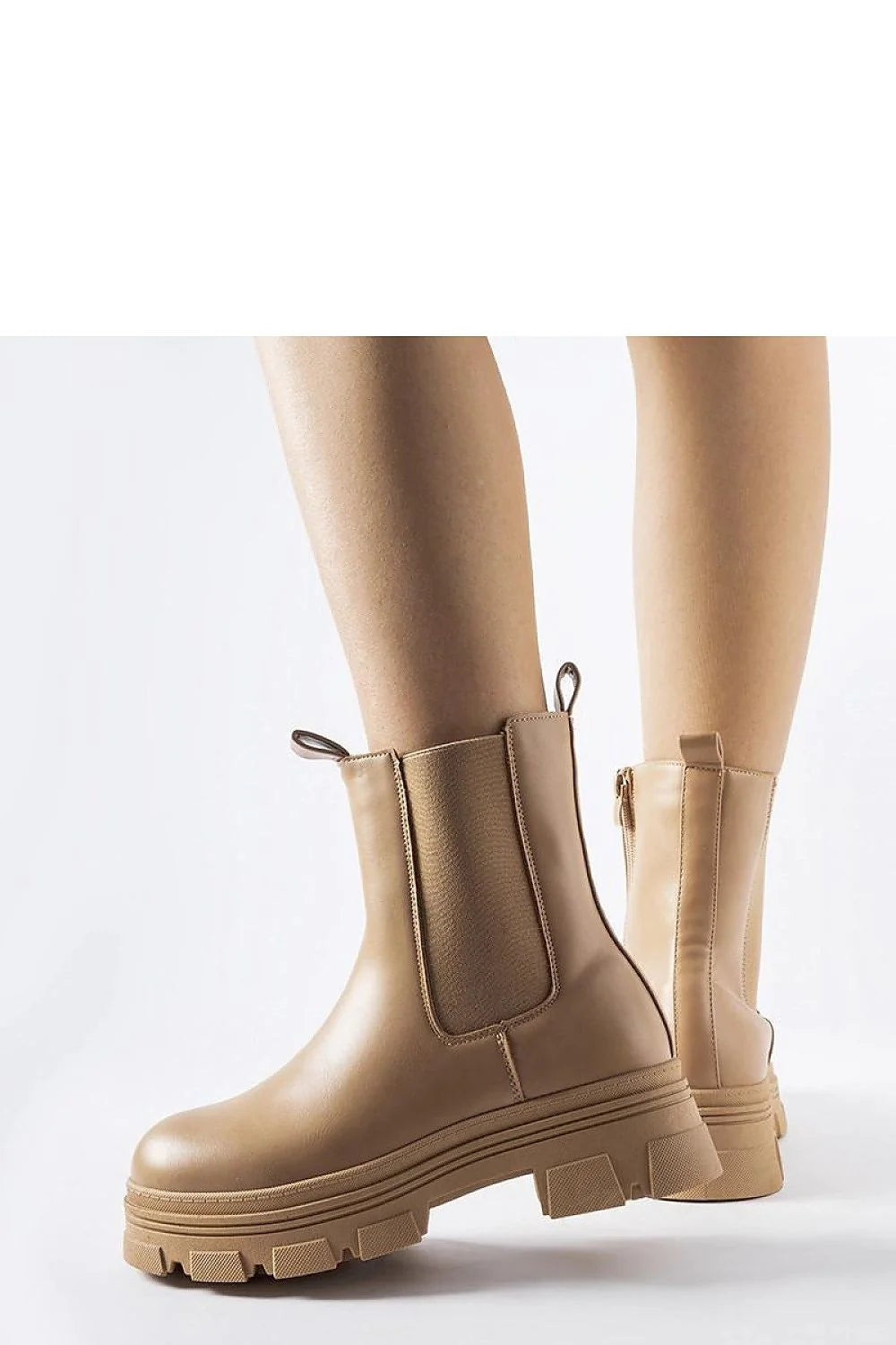 Bottines femmes beige clair design moderne coupe mi-haute semelle plateforme fermeture éclair élastique panneau arrière tirette