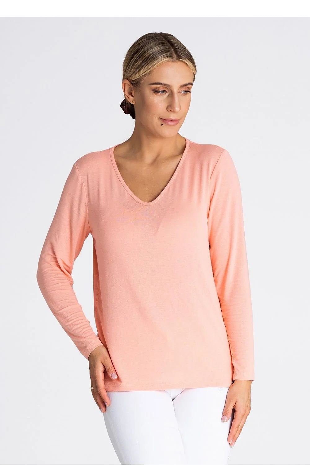 Chemisier pour Femme Style Casual Élégant Manches Longues Col en V Couleur Rose Pêche Douce Matière Léger Confortable