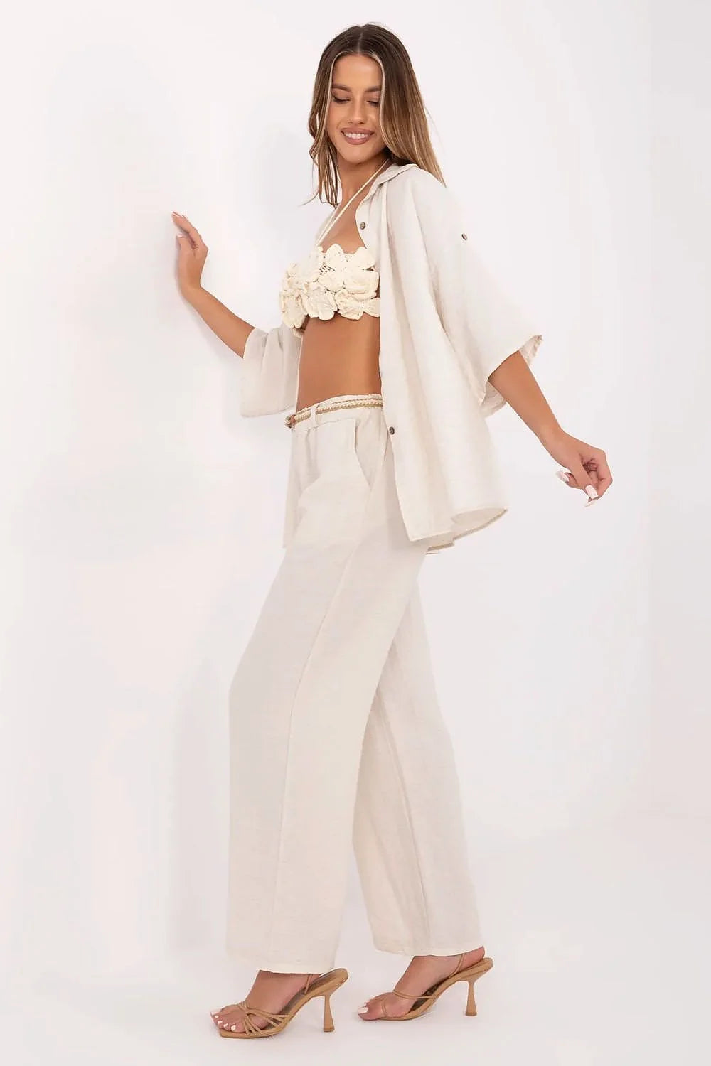 Pantalon femme Italy Moda style boho high waist large legs viscose lin sans fermeture beige