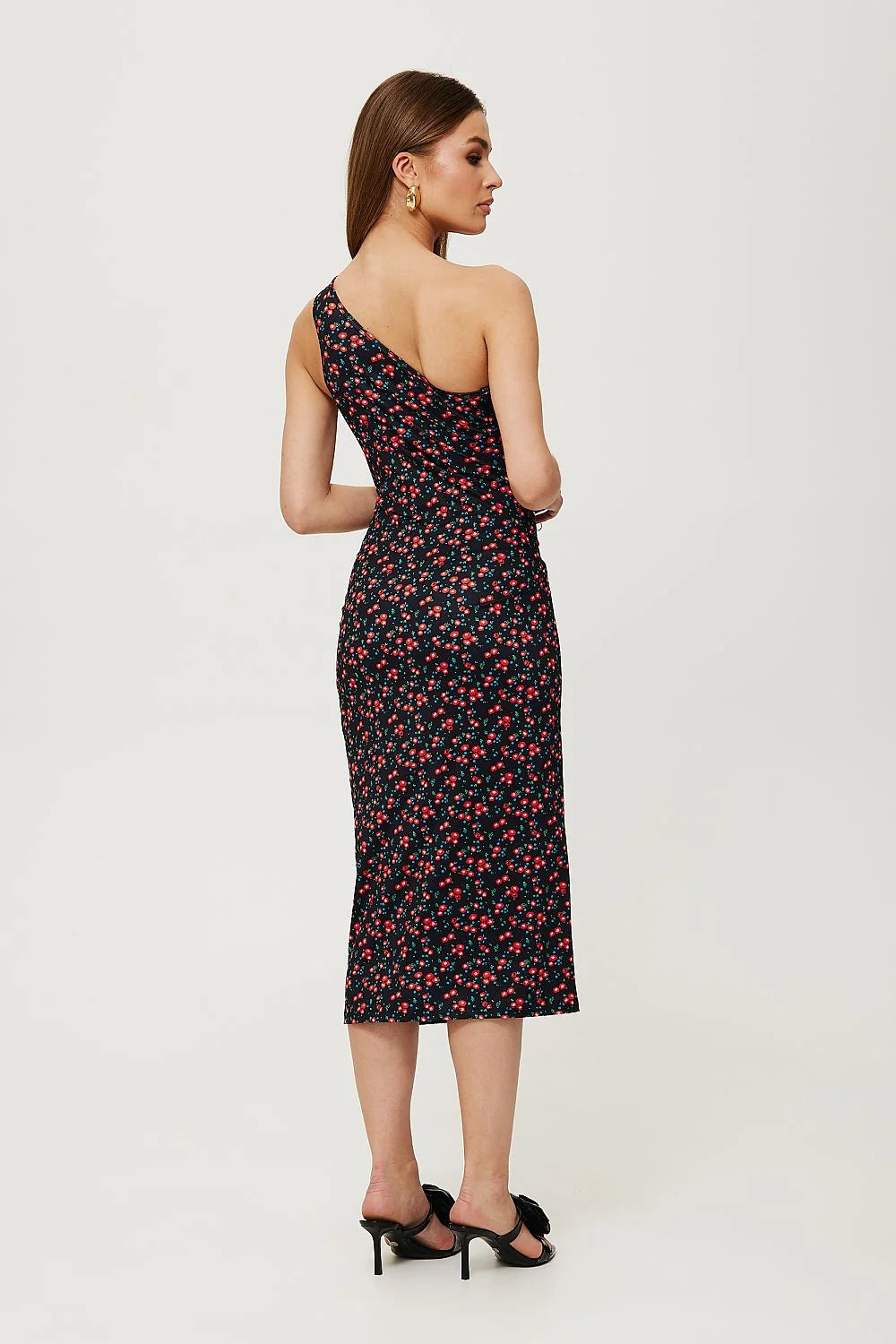 Robe élégante pour femme imprimée floral rouge vert asymétrique épaule nue fente latérale longueur midi