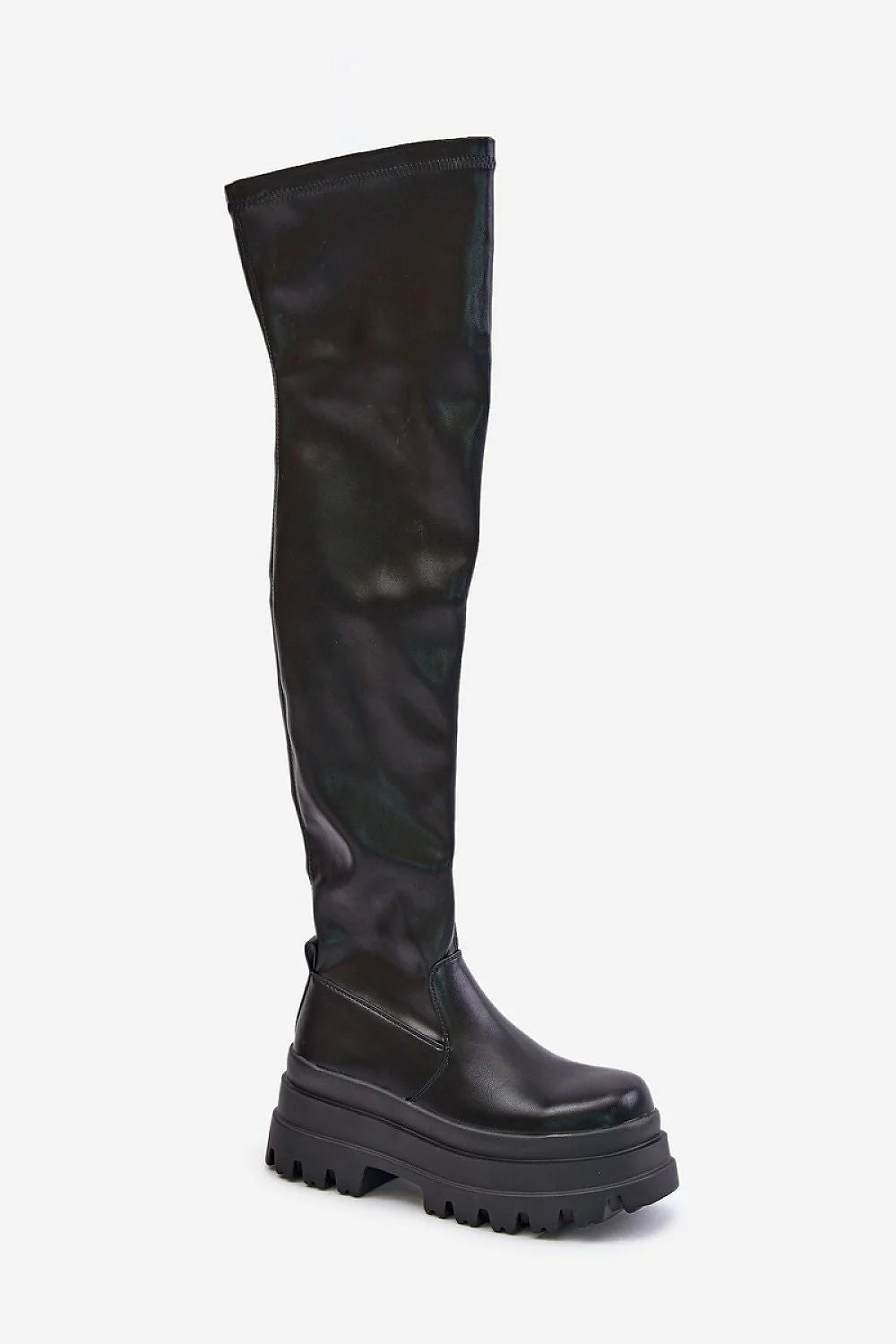 Bottes cuissardes en cuir synthétique noir style moderne audacieux plateforme épaisse femme tendance urbaine