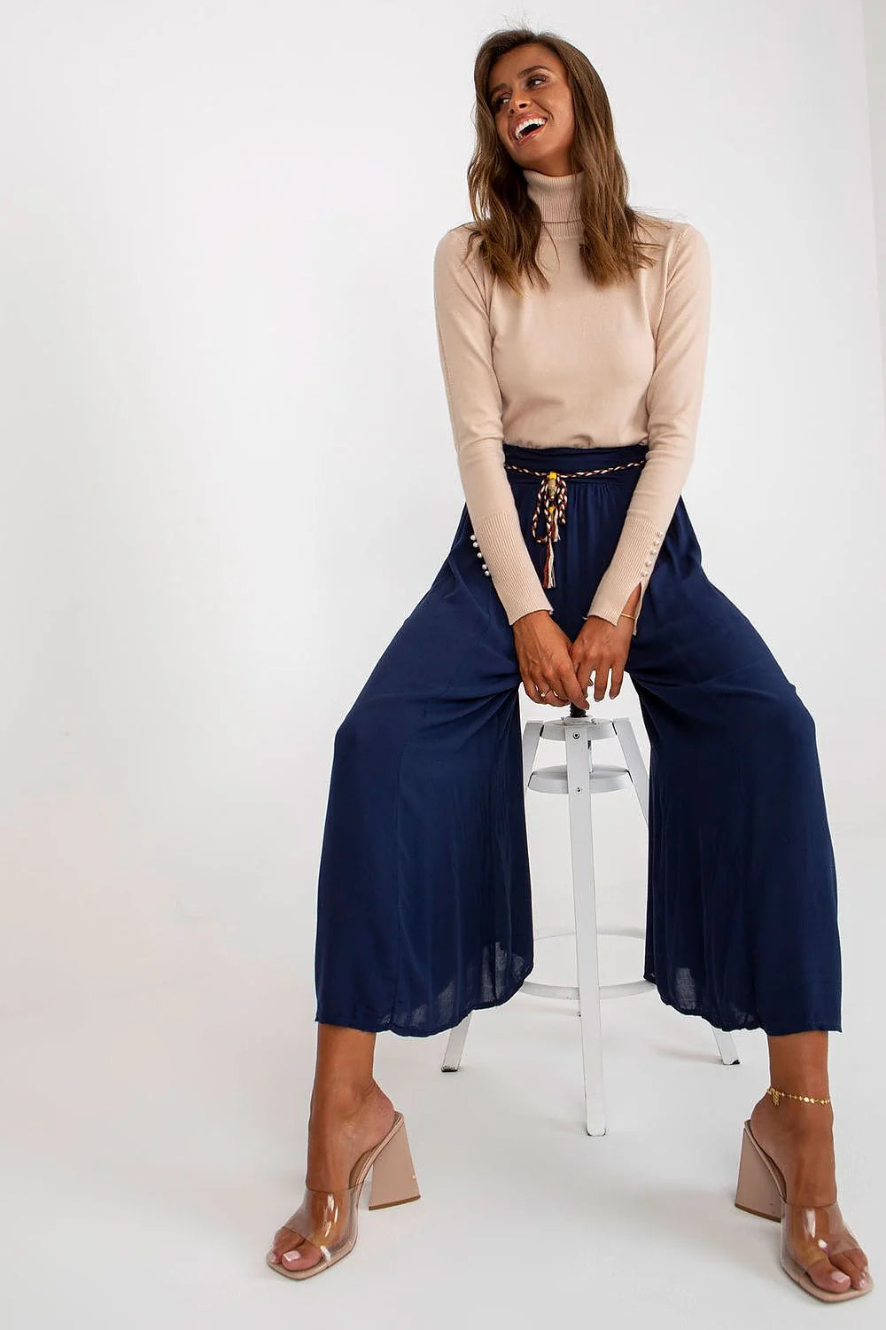Pantalon femme Och Bella jambes larges ceinture élastique viscose 100% hanches taille ajustable style intemporel élégance féminine