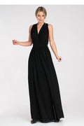Robe longue élégante sans manches couleur noire décolleté V fente épaules nues polyester elasthanne soirée mariage
