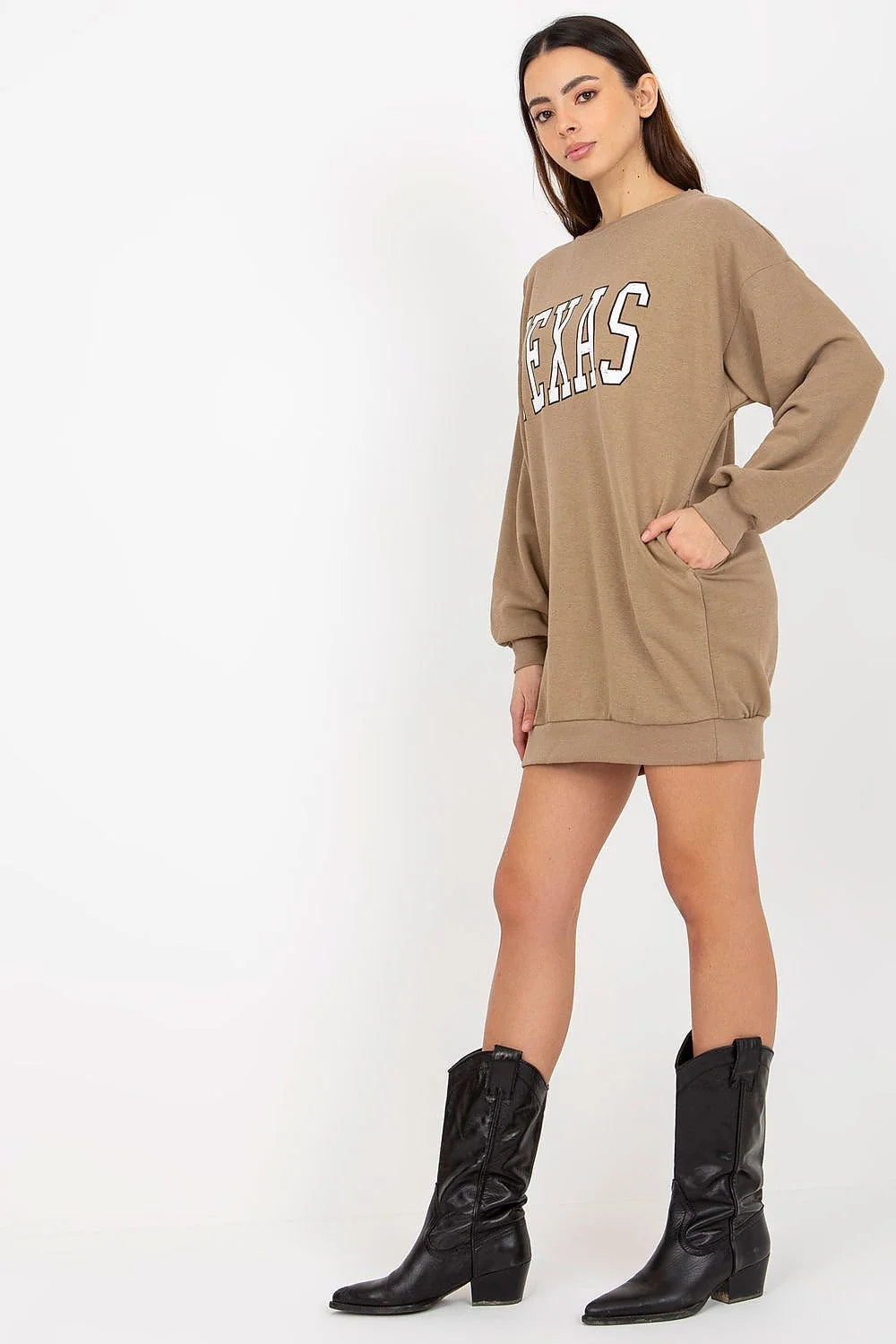 sweatshirt long femme oversize camel imprimé TEXAS varsity col rond manches longues bords côtes coupe mini décontractée poches latérales coton