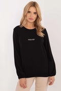 pull noir femme manches longues légèrement bouffantes col rond broderie min min contraste crème coupe droite ample jersey coton doux