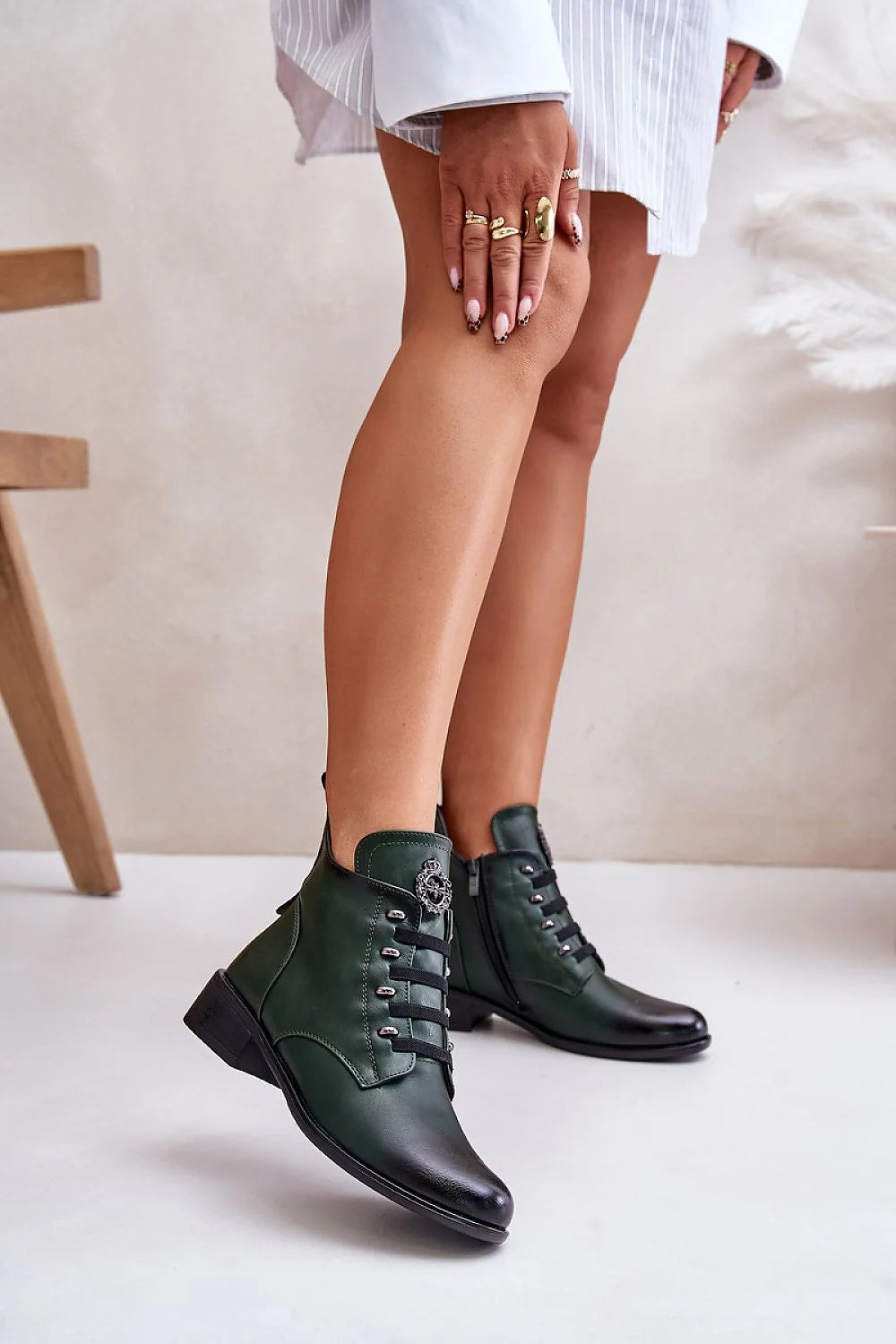 Bottines Jezzi basses style élégant cuir artificiel vert foncé fermeture éclair talon 4 cm femme confortable