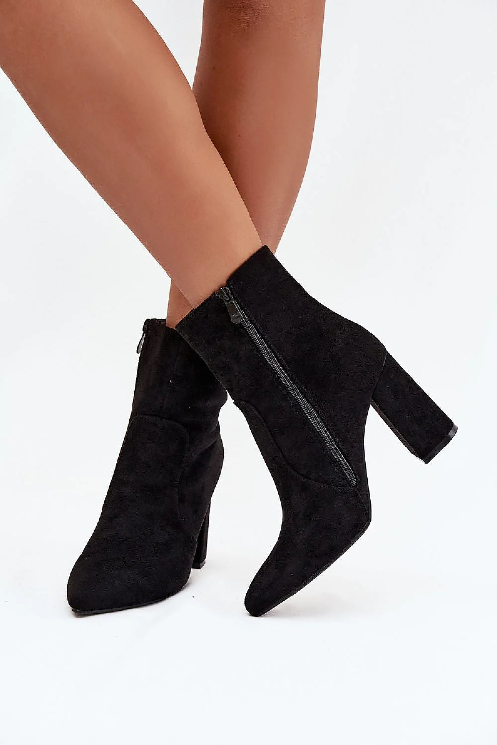 bottines femme suédine noire cheville montante bout pointu talon bloc stable doublure chaude zippée intérieur molletonné polyvalentes élégantes habillées quotidiennes