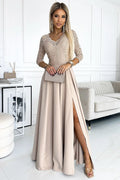 robe longue dentelle beige nude manches troisquarts décolleté coeur fente haute jupe fluide taille marquée satinée romantique élégante Numoco cérémonie