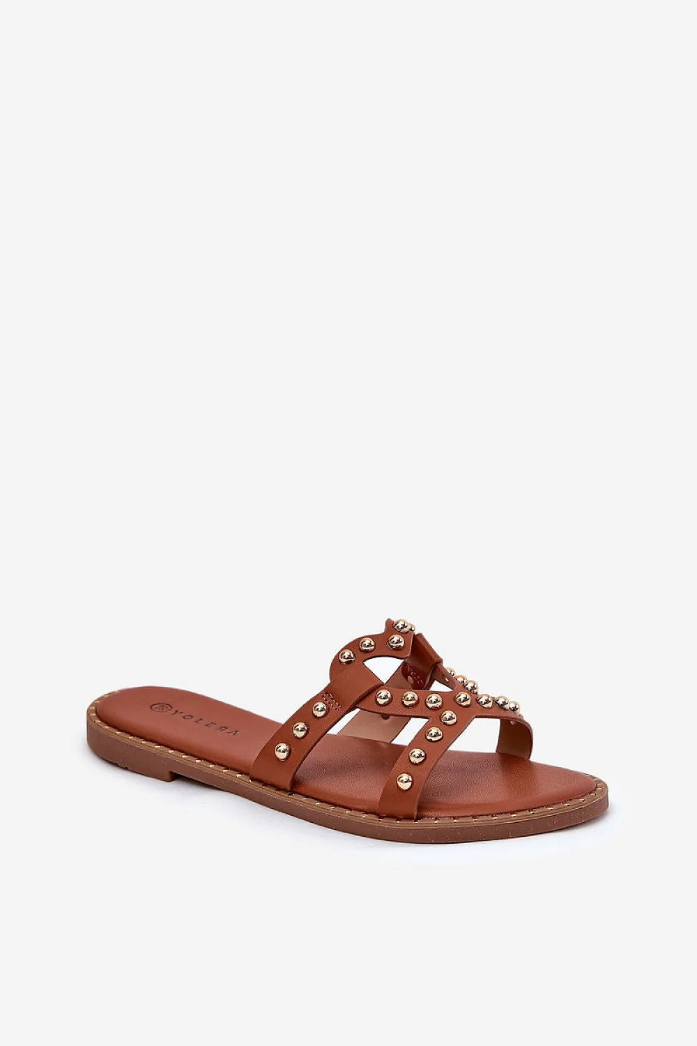 Sandales pour femmes été élégantes et chics couleur marron cuir artificiel clous dorés semelle plate confort durabilité style intemporel garde-robe été